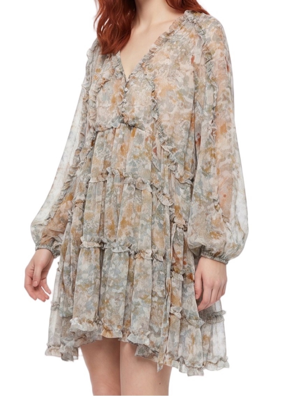 OPT Green Gray longsleeve V neck Chiffon mini dress Ruffle trim Adjustable ties - Picture 10 of 16